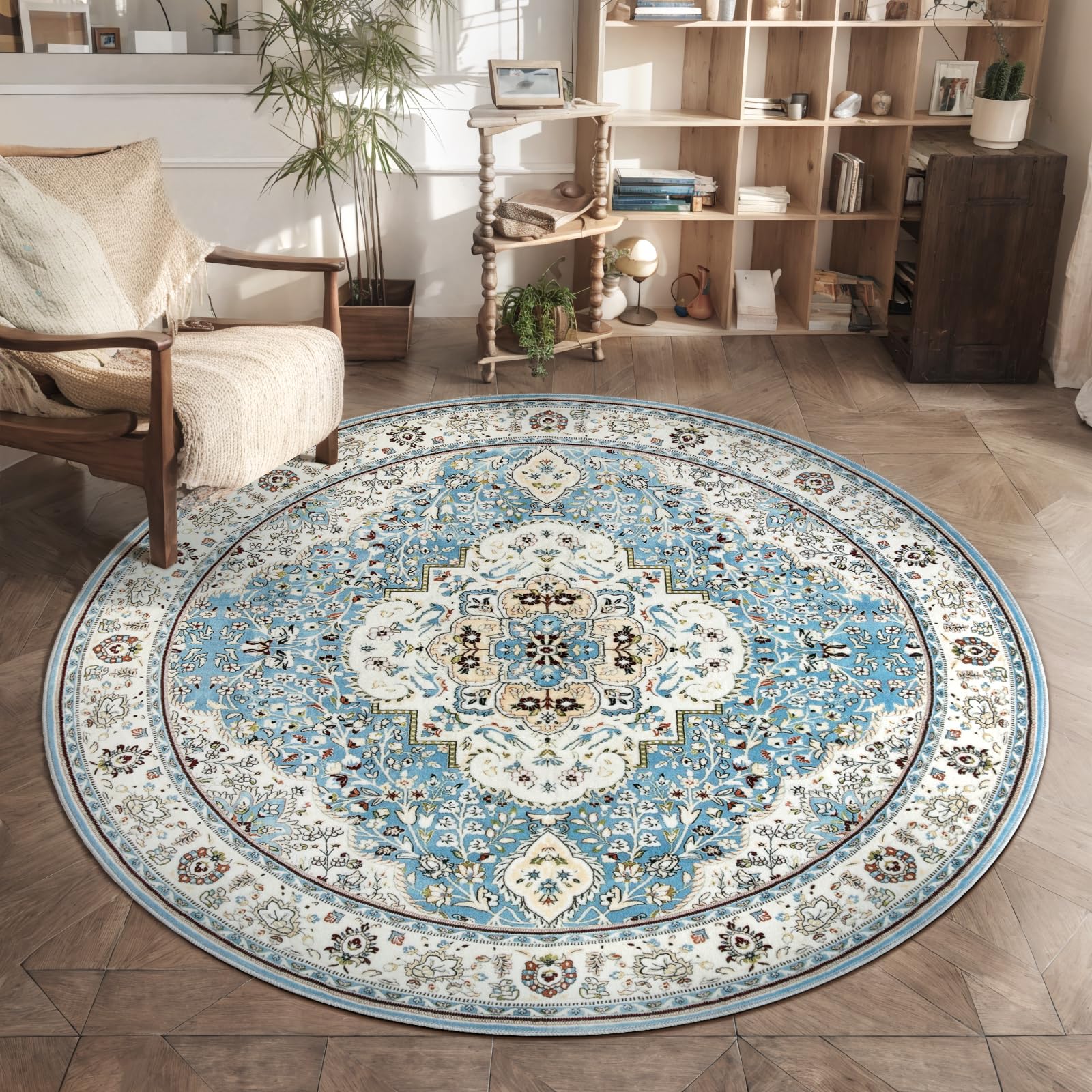Ciicool Washable Area Rug Round 5’x5’ Boho Bedroom Rug Non-Slip Oriental Entry Throw Rug Low-Pile Indoor Floor Carpet for Dining Room Laundry Foyer Decor (Vintage Blue) Image