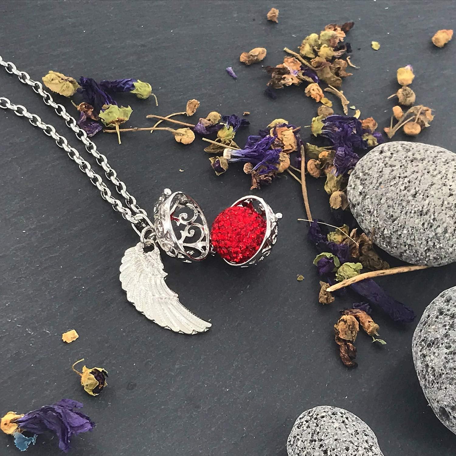 Morella Women Necklace Stainless Steel 70 cm 27,5" with Ornament with Angel Wing Pendant with Sound Ball Zirconia Purple diameter 16 mm 0,63" in a Velvet Jewelry Bag - Image 5