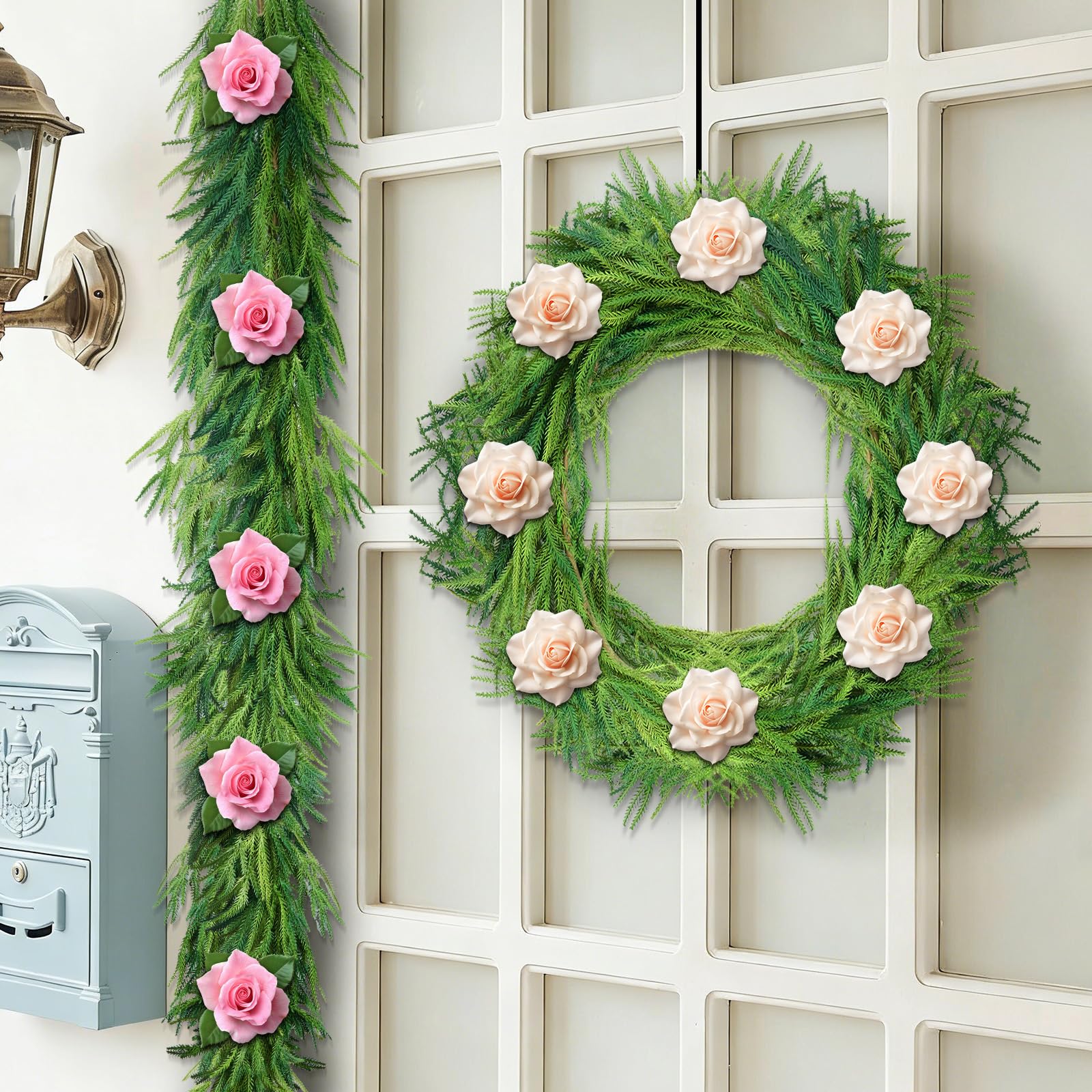 Photo 1 of Spring Garland, 12Ft Artificial Faux Greenery Garland, Valentines Day Garland for Baby Shower Wedding Party Table Runner Room Home Mantle Decor