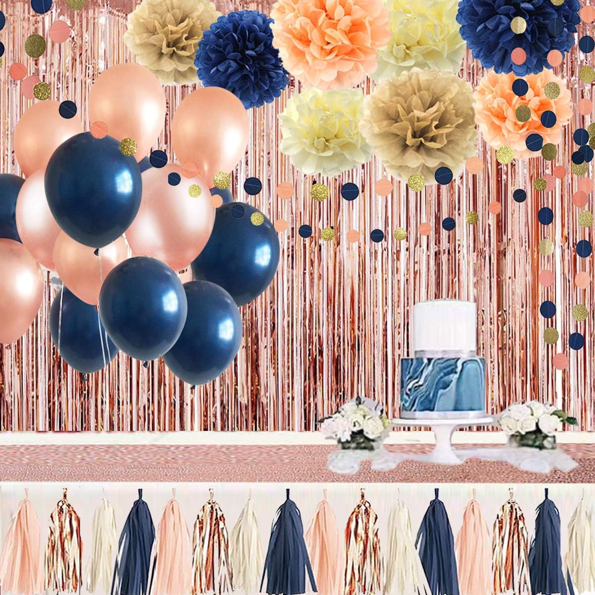 32 Pack Navy Blue Rose Gold Party Decoration Kit - Navy Rose Gold Balloons, Curtains, Paper Flowers,Tassel and Garland for Bridal Shower, Baby Shower, Gender Reveal, Graduation, Rose Gold Bachelorette Party Decorations: Toys & Games