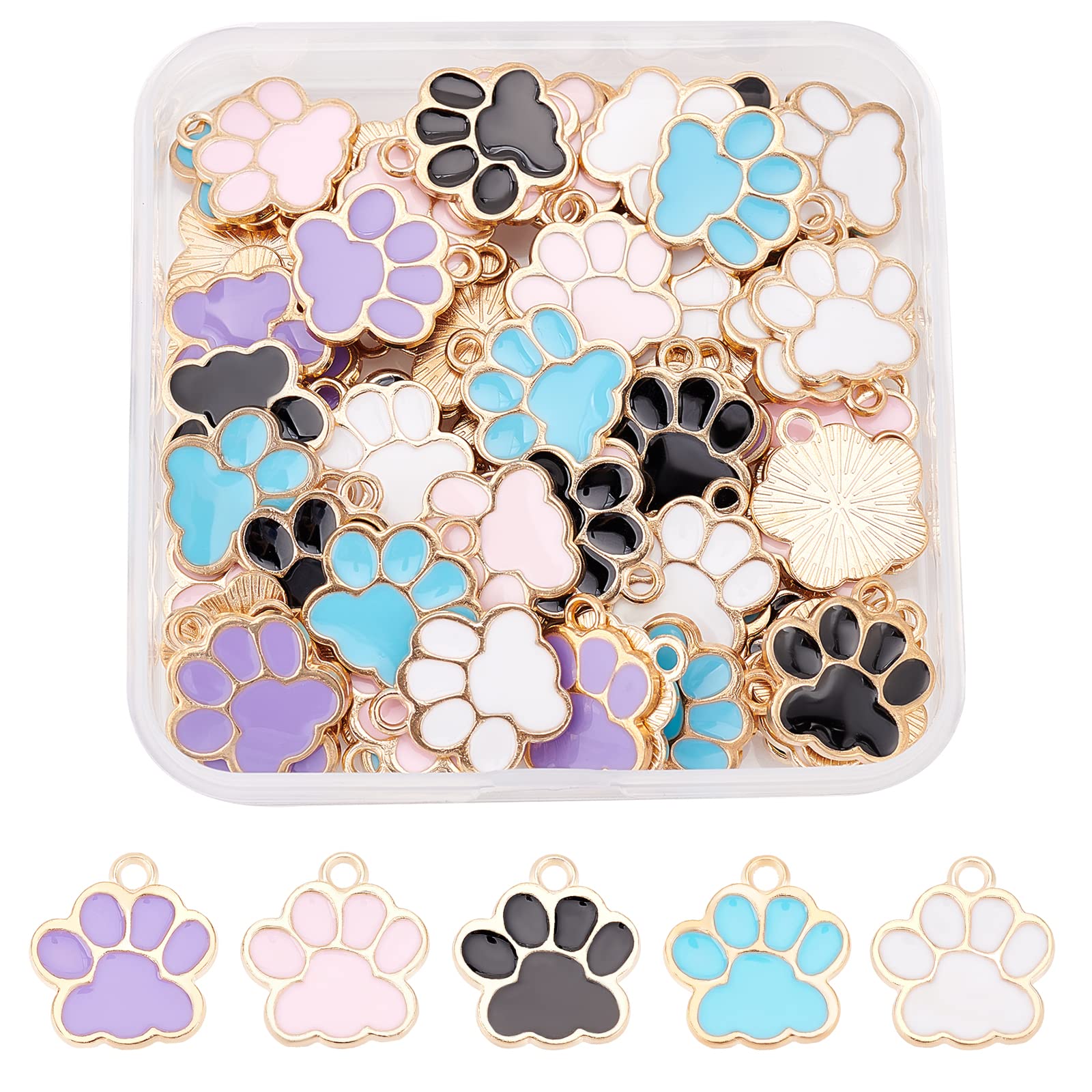 SUPERFINDINGS 80Pcs 5 Colors Dog Paw Print Charms Alloy Enamel Footprint Pendants 17.5x16 mm Animal Footprint Chunk Charms Gold Hole for DIY Jewelry Making Necklace Bracelet,Hole:2 mm