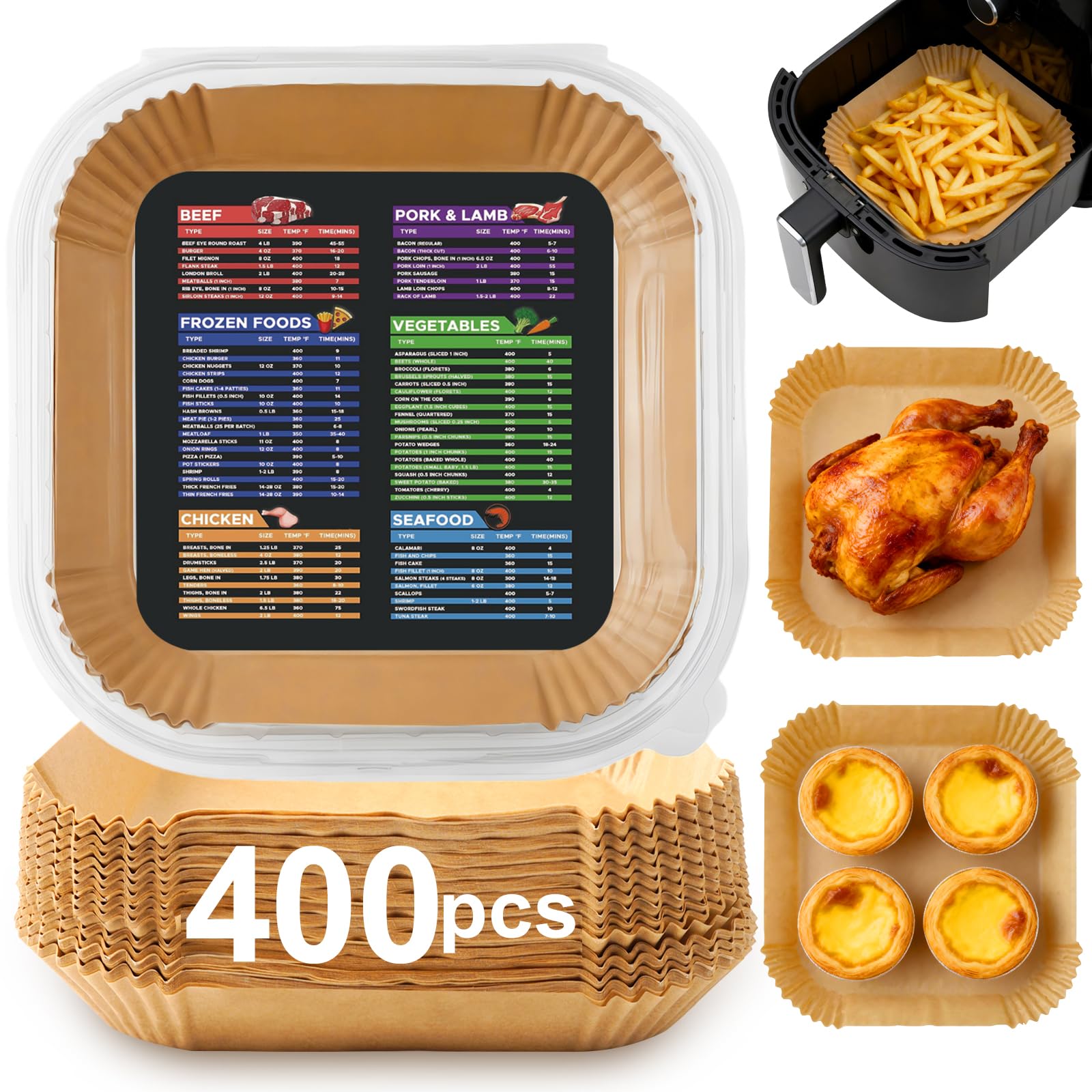 400 Pcs Air Fryer Paper Liners, 8" Square Air Fryer Liners Disposable, Heavy-Duty Parchment Paper for 5-8 qt Airfryer Basket, Non-Stick & Non-Leak Airfryer Liners for Deep Fryer Parts & Accessories