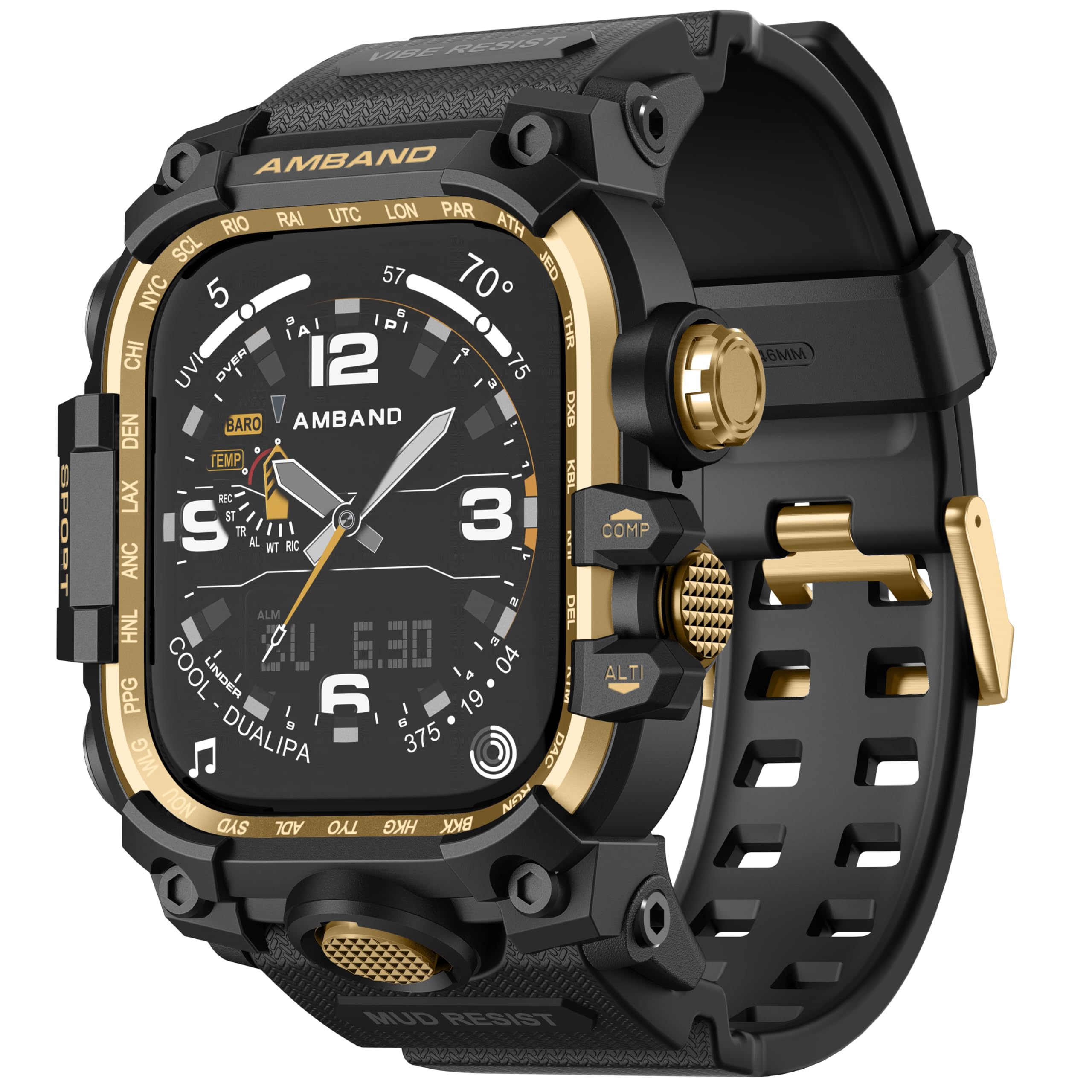 Photo 1 of amBand Rugged Case with Band for Apple Watch 46mm, Compatible with Apple Watch (iWatch) Series 10 11, Military Grade Shockproof Bumper Cover, Tactical Band for Men, Black Gold