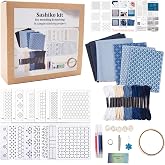 CATNOINU Japanese Sashiko Embroidery Starter Kit for Visible Mending | Includes 8 Plastic Stencils, 6 Water-Soluble Pattern Sheets, 15 Cotton Thread Rolls &amp; 6 Denim Fabric Pieces