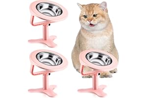 TOLOPU Raised Cat Bowls,Elevated Cat Bowls for Indoor Cats with Height-Adjustable Stand,Non-Slip Stainless Steel Cat Bowls,15° Tilted Cat Food Bowls (3-Pack, Pink)