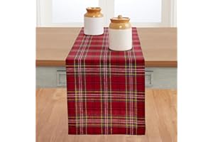 Solino Home Christmas Table Runner 36 Inches - 100% Pure Linen Red Classic Tartan Plaid Table Runner 14 x 36 Inch Ideal for Dresser and Coffee Tables