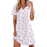 Ekouaer Nightgowns for Women Cotton Night Gowns Pleated Nightshirts Henley V Neck Sleepshirts Short Sleeve Sleepwear