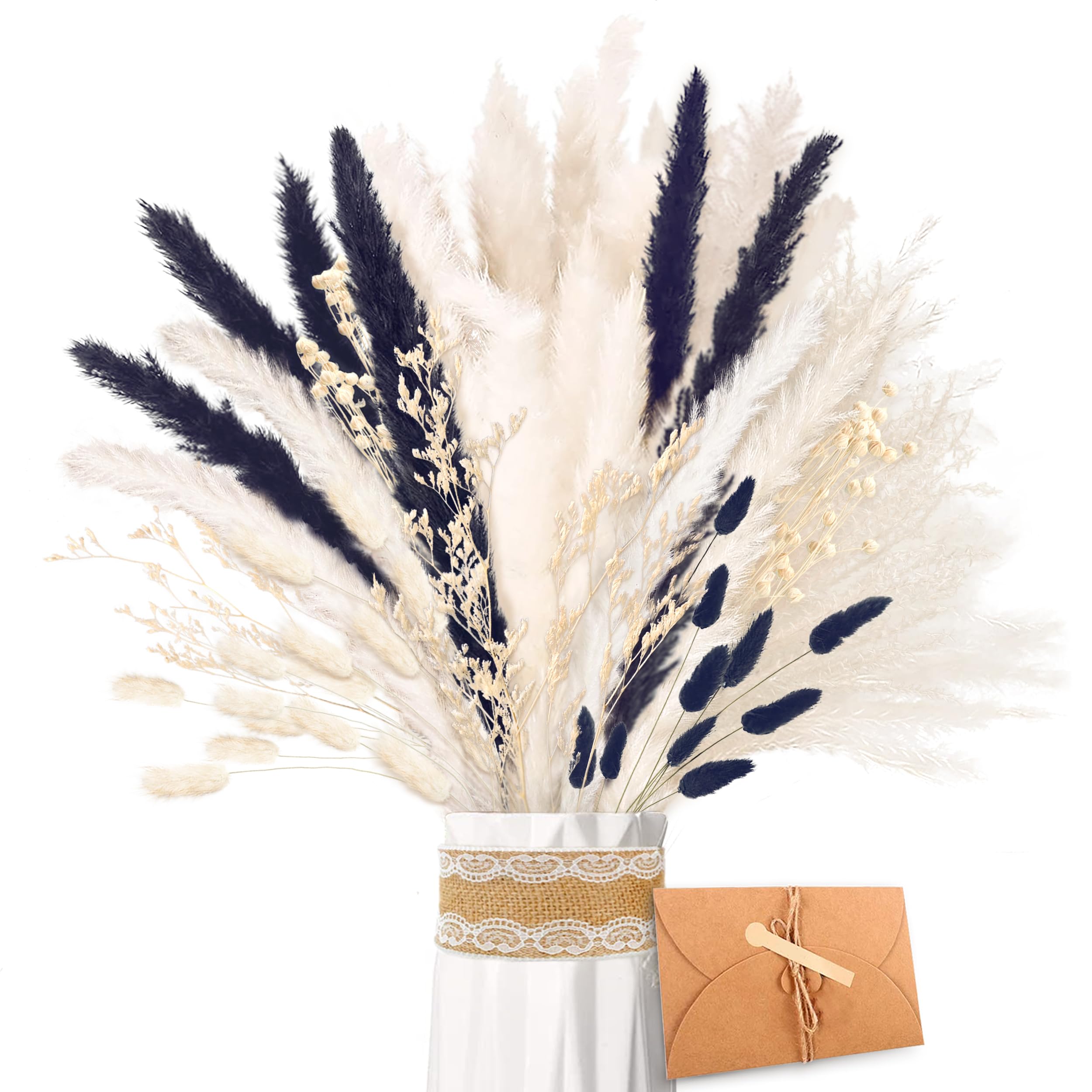 ZJTAPE Pampas Grass Dried - Natural Flowers, Black and White Pampas Grass and Lagurus Deco, Dried Bouquet for Crafting, Wedding Table, Living Room Vases, Boho Home Decor