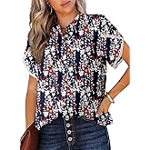 Dokotoo Womens Summer Tops for Women 2024 Trendy Boho Floral Ptint Short Sleeve Button Front V Neck Henley Tshirts Elegant Dressy Business Casual Outfits Loose Chiffon Bohemian Blouses Blue XX-Large