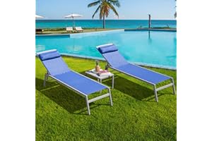 DOMI OUTDOOR LIVING Domi Patio Chaise Lounge Set, Aluminum Pool Lounge Chairs with 5 Adjustable Position, Breathable Textilene Fabric, Sunbathing Pool Chairs with Headrest and Side Table, Blue