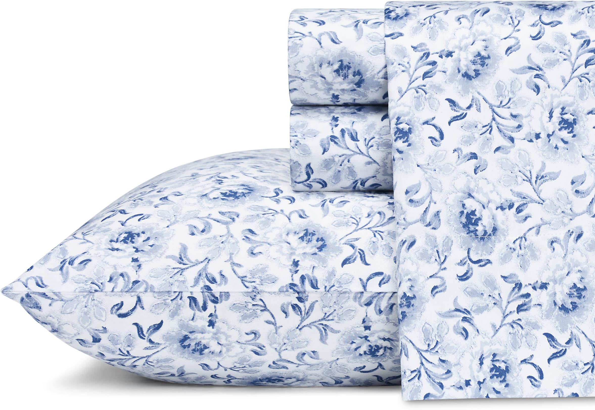 Laura Ashley Home - King Sheets, Soft Sateen Cotton Bedding Set - Sleek, Smooth, & Breathable Home Decor (Lorelei Dark Blue, King)