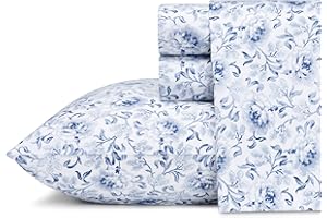 Laura Ashley Home - King Sheets, Soft Sateen Cotton Bedding Set - 4 Pieces, Sleek, Smooth, & Breathable Home Decor (Lorelei Dark Blue, King)