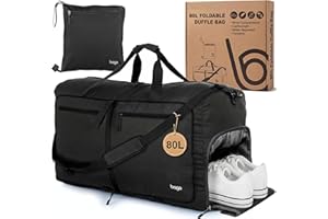 Bago Large Foldable Duffel Bags for Traveling Women & Men - 80L Packable Duffle Bag for Travel with Shoe Compartment - Water Repellant, Heavy Duty, Lightweight Folding & Collapsible (All Black)