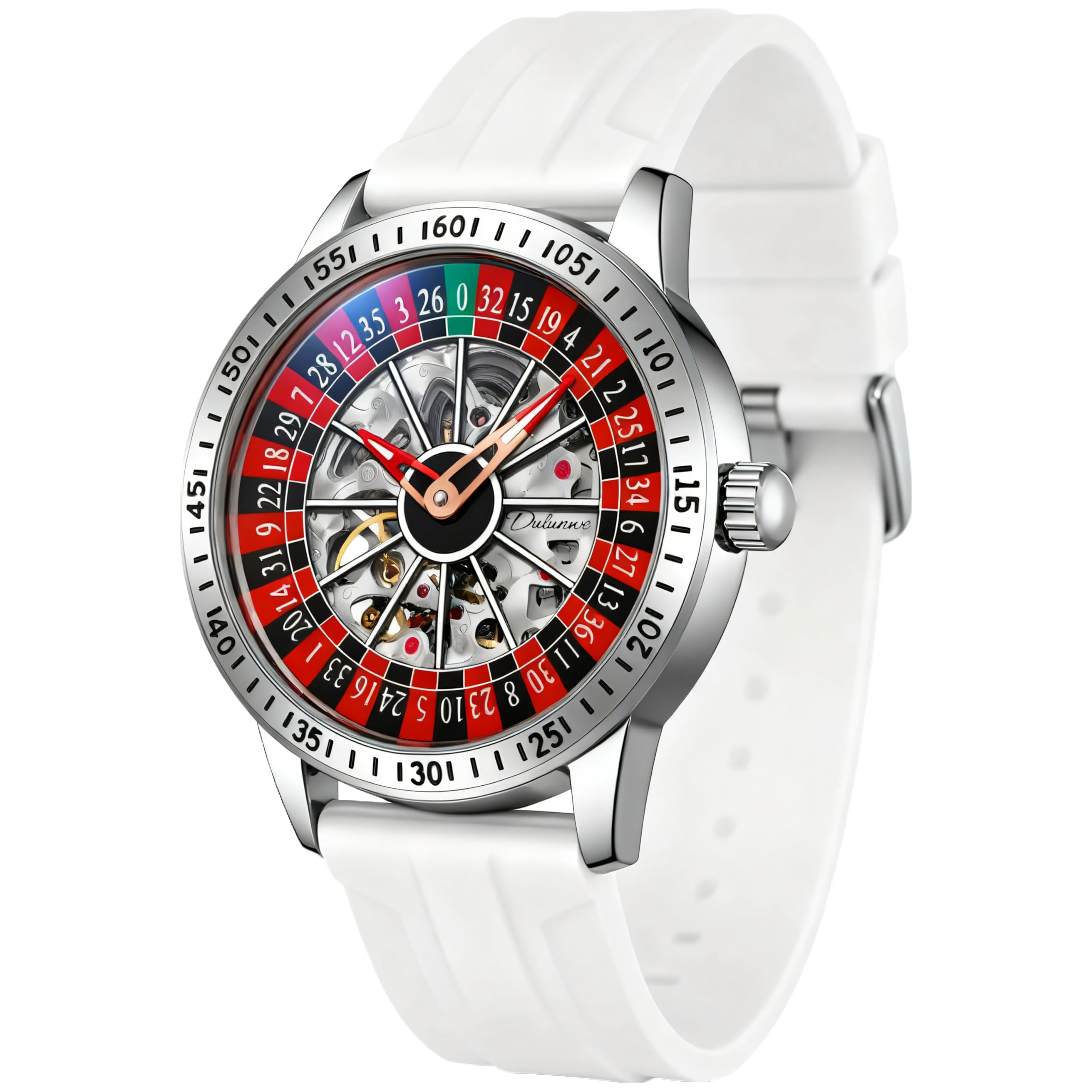 Photo 1 of DAXIAOYU Roulette Wheel Automatic Watches for Men Rotating Dial Design Hollow Out Waterproof Mens Unique Style Mechanical Watch (White)