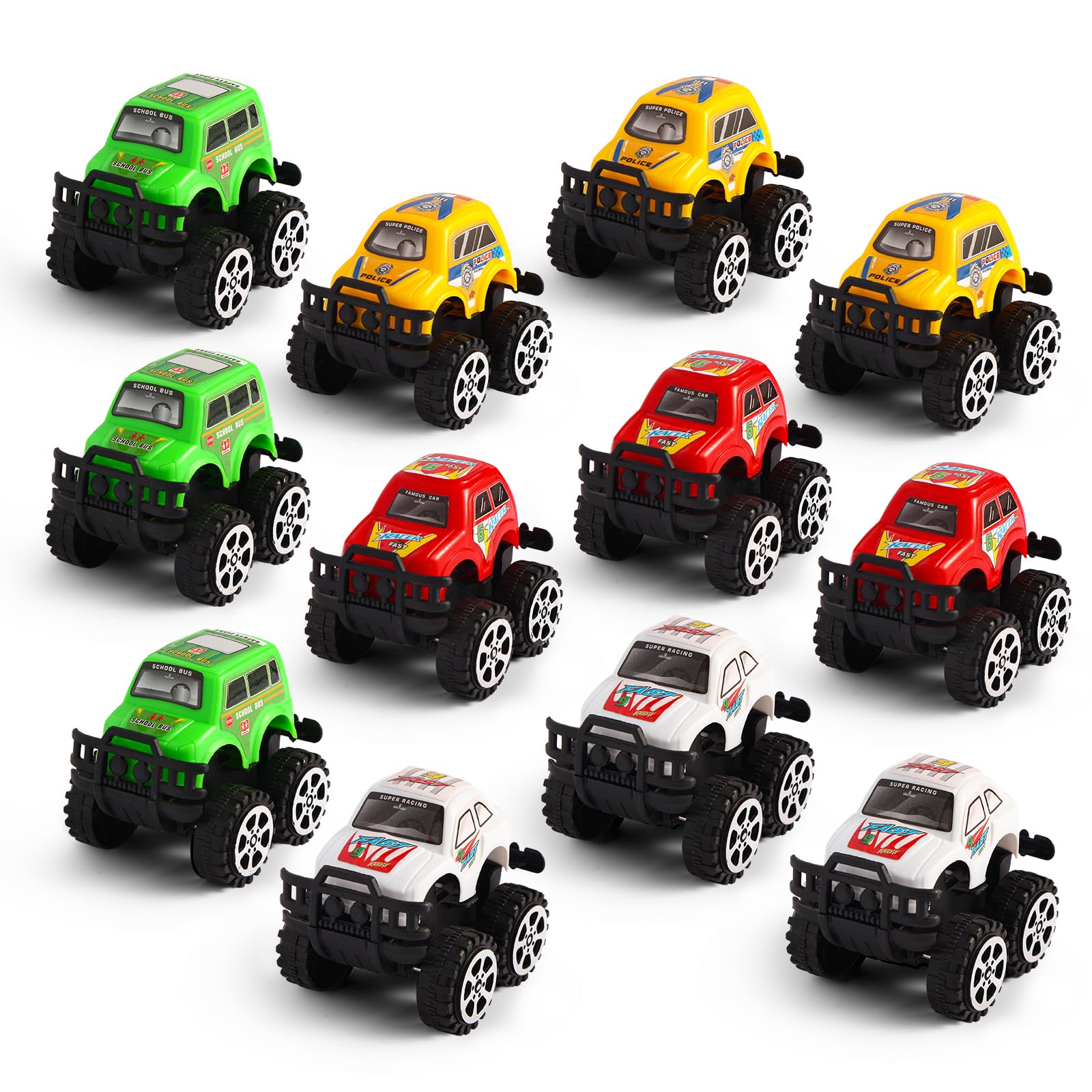Photo 1 of Manmel 12 Pack Pull Back Cars for Kids, Bulk Mini Racing Vehicles Monster Truck Toys Party Favors for Toddlers, Pinata Fillers, Goodie Bag Stuffers, Classroom Prizes for Boys Girls