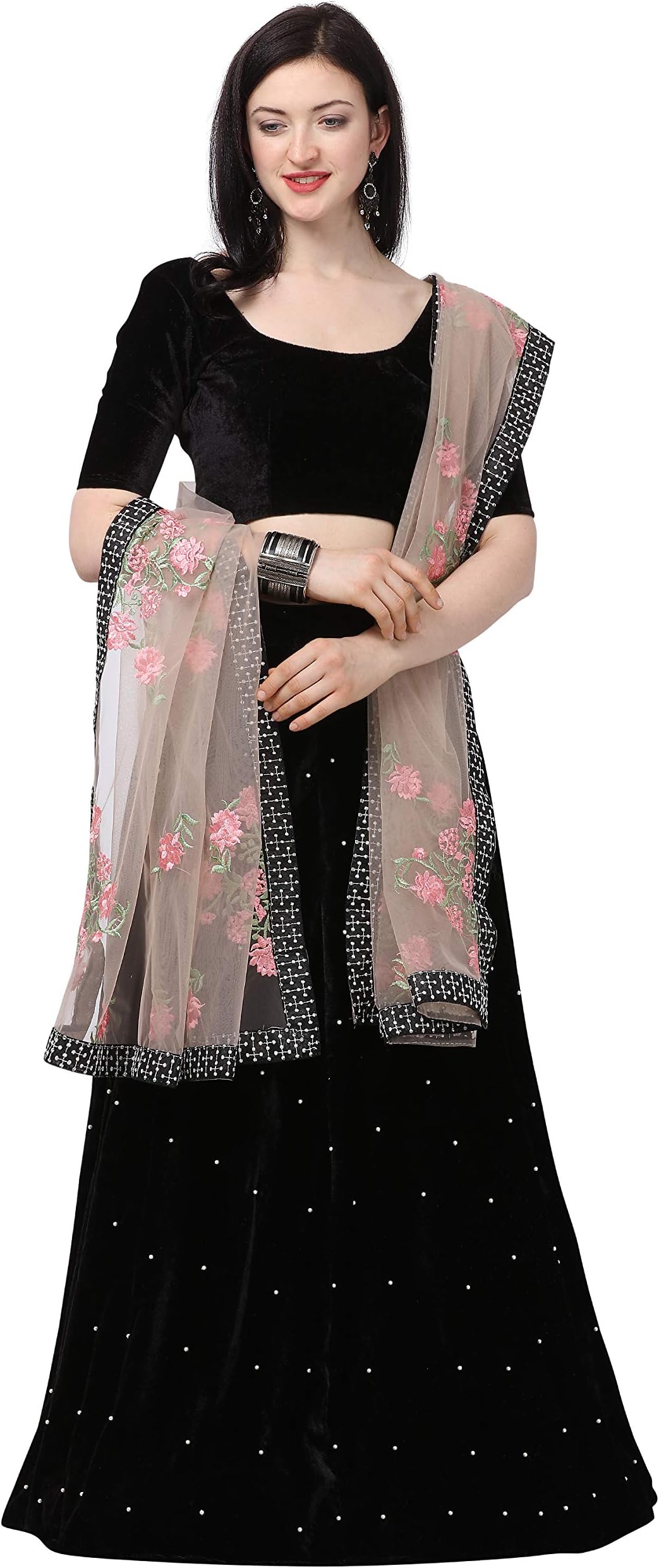 Women's Velvet Semi-Stitched Lehenga Choli (Empire_EE118118_Black_Free Size)