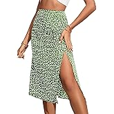 OYOANGLE Women's Boho Floral Print High Waisted A Line Split Thigh Summer Midi Skirt