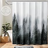 ORTIGIA Dark Green Misty Forest Shower Curtain for Bathroom, Nature Woodland Shower Curtain Set with Hooks, Decorative Pine Tree Fog Magic Bath Curtain for Home, Waterproof Fabric, Weighted, 72x72