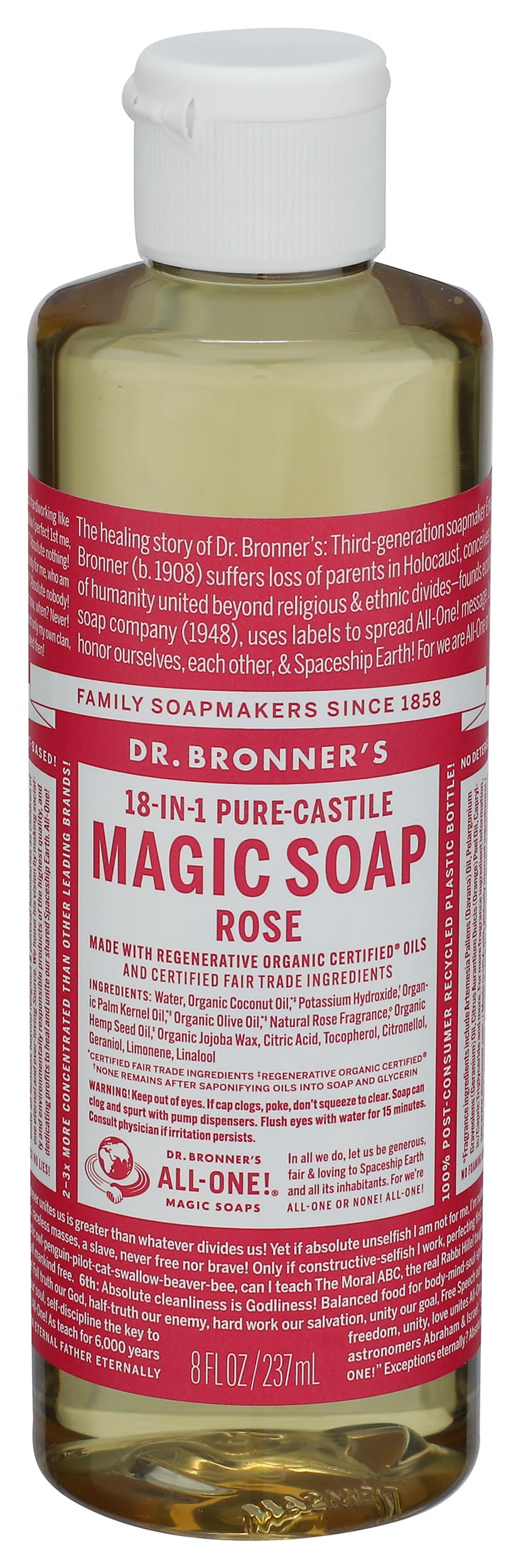 Dr. Bronner's Organic 18-in-1 Hemp Rose Pure-Castile Liquid Soap, 237 ml