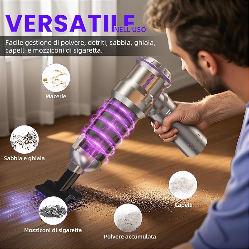 Aspirabriciole Senza Fili, 25000Pa Aspirapolvere Auto, Scarico Polvere Automatico a un Tocco & 4 in 1 Aspirazione con Motore Brushless, Aspirabriciole a 3 Velocità,Ideale per Peli di Animali,Auto,Casa — foto 6 di 7