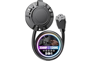 MonsterPwr 20A 125V AC Port Plug with 5-in-1 T-Blade Adapter (1-15P/5-15P/5-20P/6-15P/6-20P), Weatherproof Shore Power Inlet & Electrical Outlet Receptacle with Heavy Duty 12AWG Outdoor Extension Cord