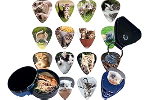 EPIC ACCESSORIES 14-Pack Kittens & Cats .71mm Medium Guitar Picks Unique with BONUS Guitar Pick Holder (random color), Leather Pick Holder Keychain and Tin Carrying Storage Case