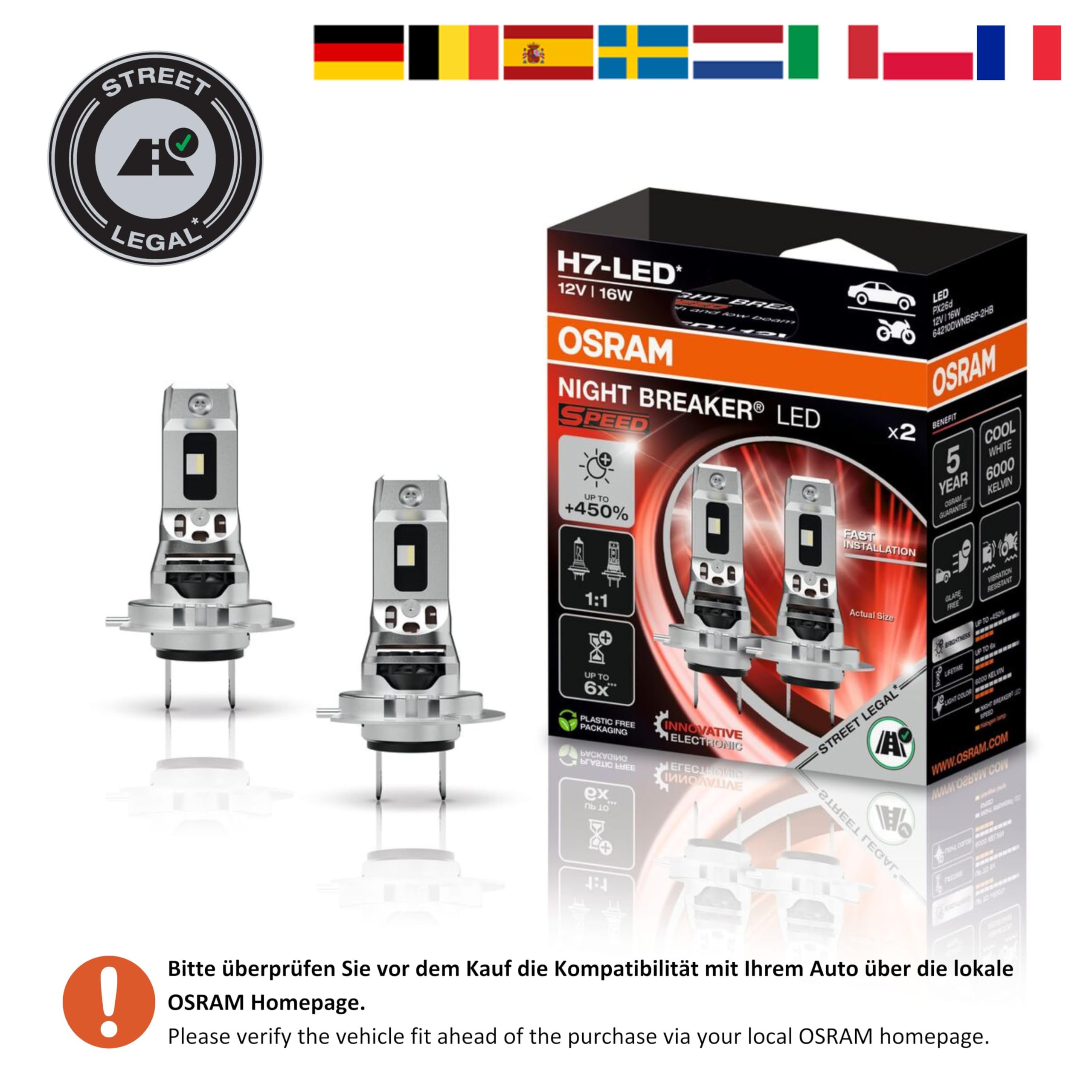 OSRAM NIGHT BREAKER LED SPEED H7 450, LED-Fern- und Abblendlicht mit Straßenzulassung, bis zu 450% mehr Helligkeit, 6000K,schnelle Installation, kein mechanisches Zubehör notwendig, LEDEC02 integriert 2