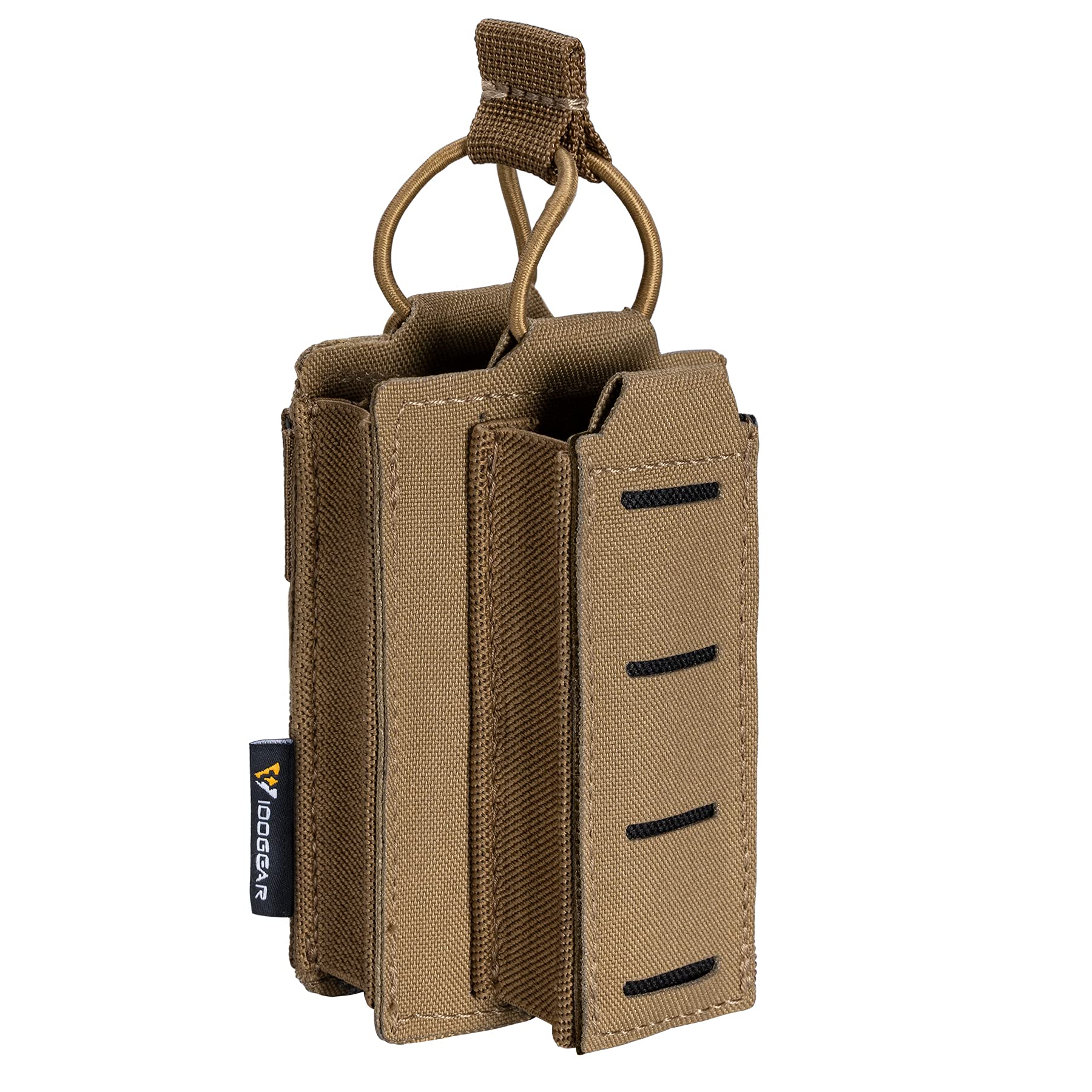 IDOGEAR Single Mag Pouches 5.56mm & 9mm Kangaroo Magazine Pouch Elastic Tactical Open Top MOLLE Pouch for Rifle and Pistol M4 M16 AR 5.56 9mm .40 S&W .45 ACP Magazines Laser-Cut Style (Coyote Brown)
