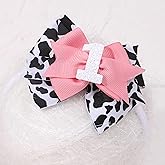 Jissoo Cow Print Bow Headband for Girls - Pink, 1st Birthday Party Decorations, Farm Animal Themed Party Decor, One Headband Photo Prop (Cow1)