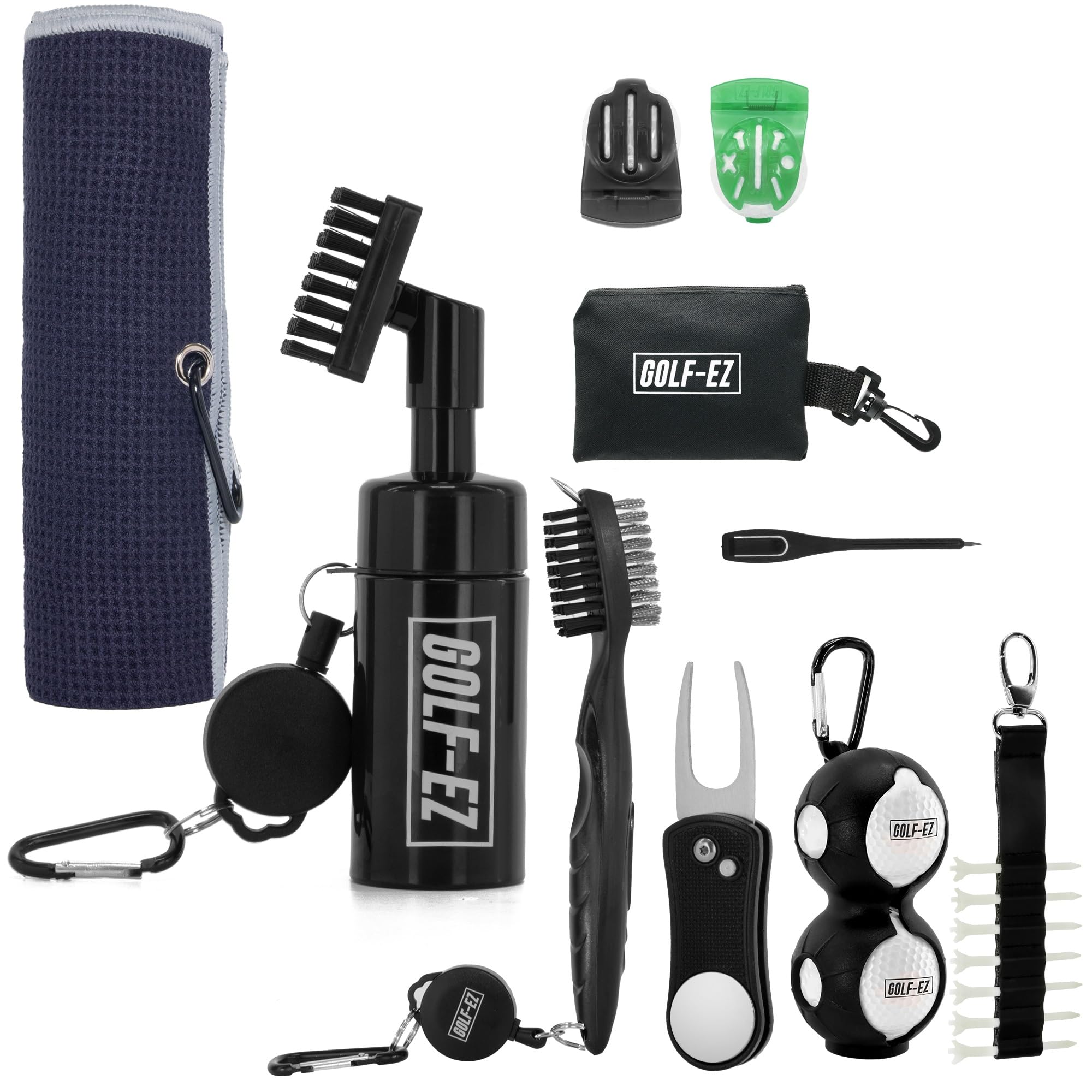 Golf Essentials Kit | Must Have Golf Accessories - Golf Water Brush, Golf Towel, Golf Club Brush, Golf Ball Marker, Divot Repair Tool, Golf Ball & Golf Tee Holder, Golf Gifts for Men
