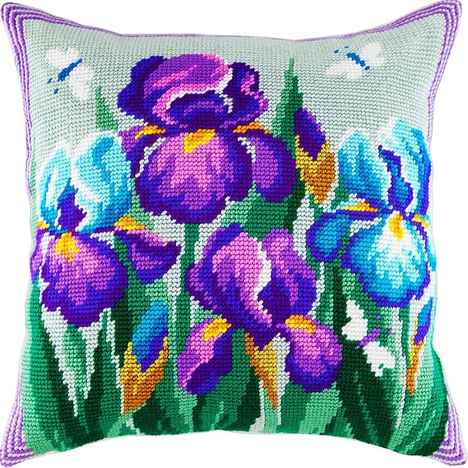 Blue Irises. Needlepoint Kit. Throw Pillow 16×16 Inches. Printed Tapestry Canvas