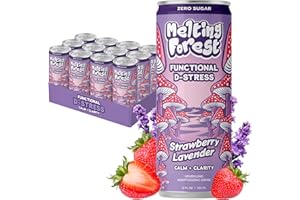 Melting Forest Mushroom D-Stress, Sparkling Adaptogen Drink with L-Theanine, Lion's Mane and Vitamin B, Zero Sugar, 5 Calories, Strawberry Lavender (12-Pack)