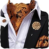 Hi-Tie Silk Ascot for Men Self Tie Men's Cravat and Flower Lapel Pin Handkerchief Cufflinks Set for Wedding Party
