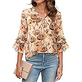 Furnex Womens Tops Dressy Casual Ruffle 3/4 Sleeve V Neck Elegant Floral Chiffon Blouses