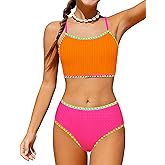 Oranchids Girls Swimsuit Colorful Contrast Trim Bikini Set Two Piece Bathing Suit Solid Color Girls' Swimwear 9-16T