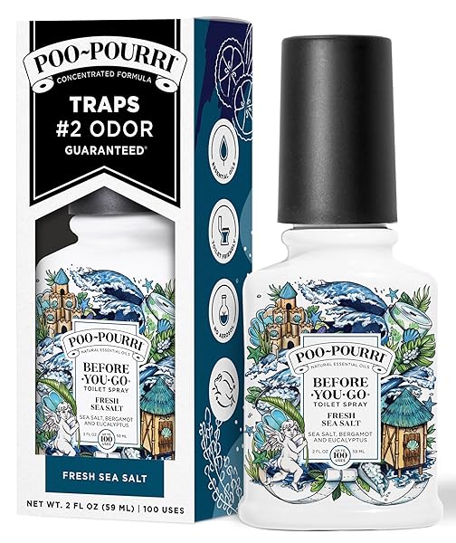 POO-POURRI BEFORE-YOU-GO TOILET SPRAY, FRESH SEA SALT, 2 FL OZ, UP TO 100 USES, BATHROOM ODOR DEODORIZER WITH ESSENTIAL OILS FOR HOME OR WORK, TRAVEL ESSENTIALS, TSA APPROVED SIZE, SEA SALT BERGAMOT