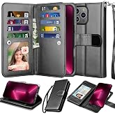 NJJEX Compatible with iPhone 16 Pro Max Wallet Case, 9 Card Slots Black | PU Leather Folio Flip, Detachable Magnetic Cover, Built‑in Kickstand, Comes with Lanyard, Black