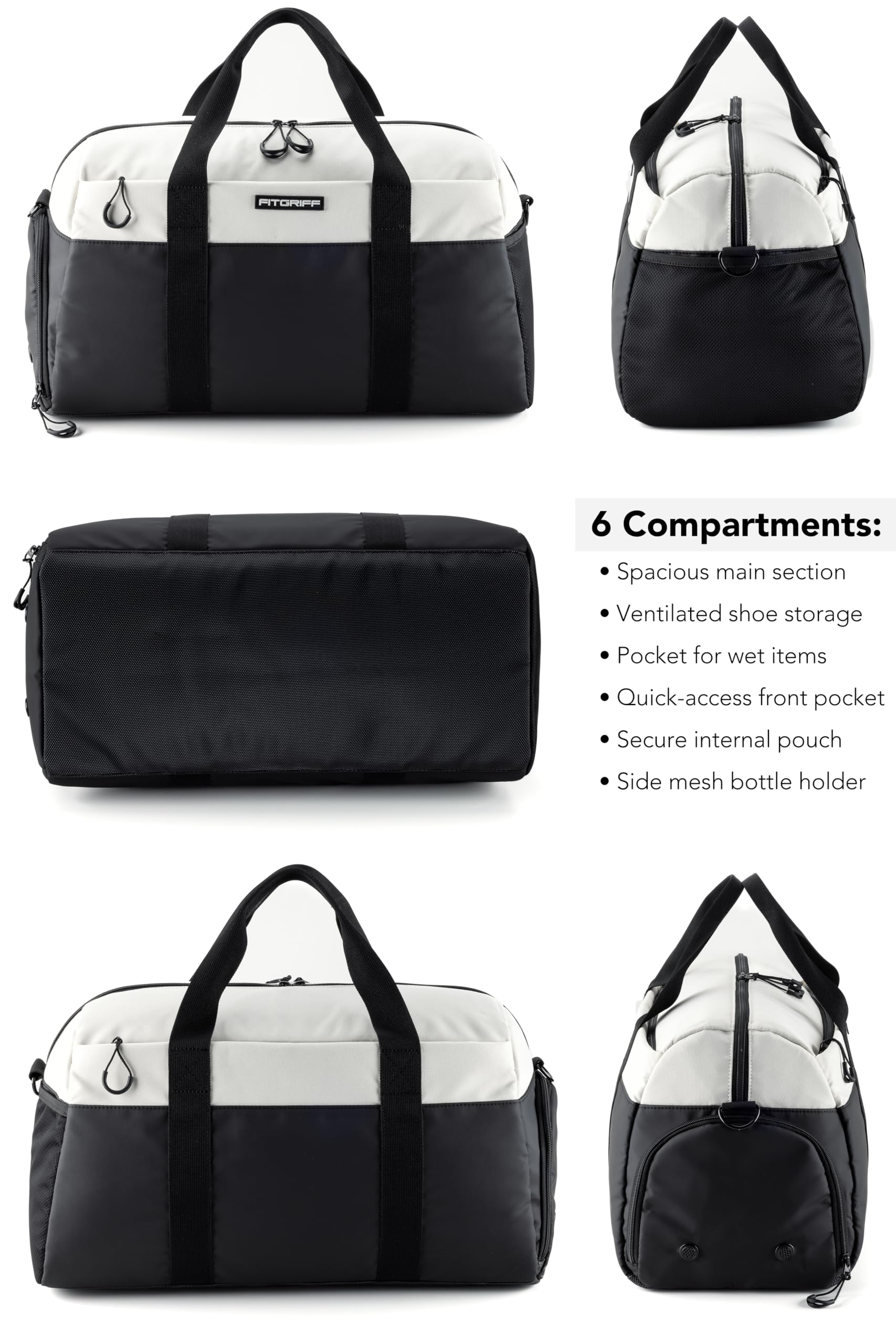 Fitgriff® Sporttasche & Reisetasche V2 für Damen und Herren - mit Schuhfach & Nassfach - Tasche für Sport, Fitness, Reisen - Trainingstasche, Gym Bag, (Black/Creme White, Small) 6