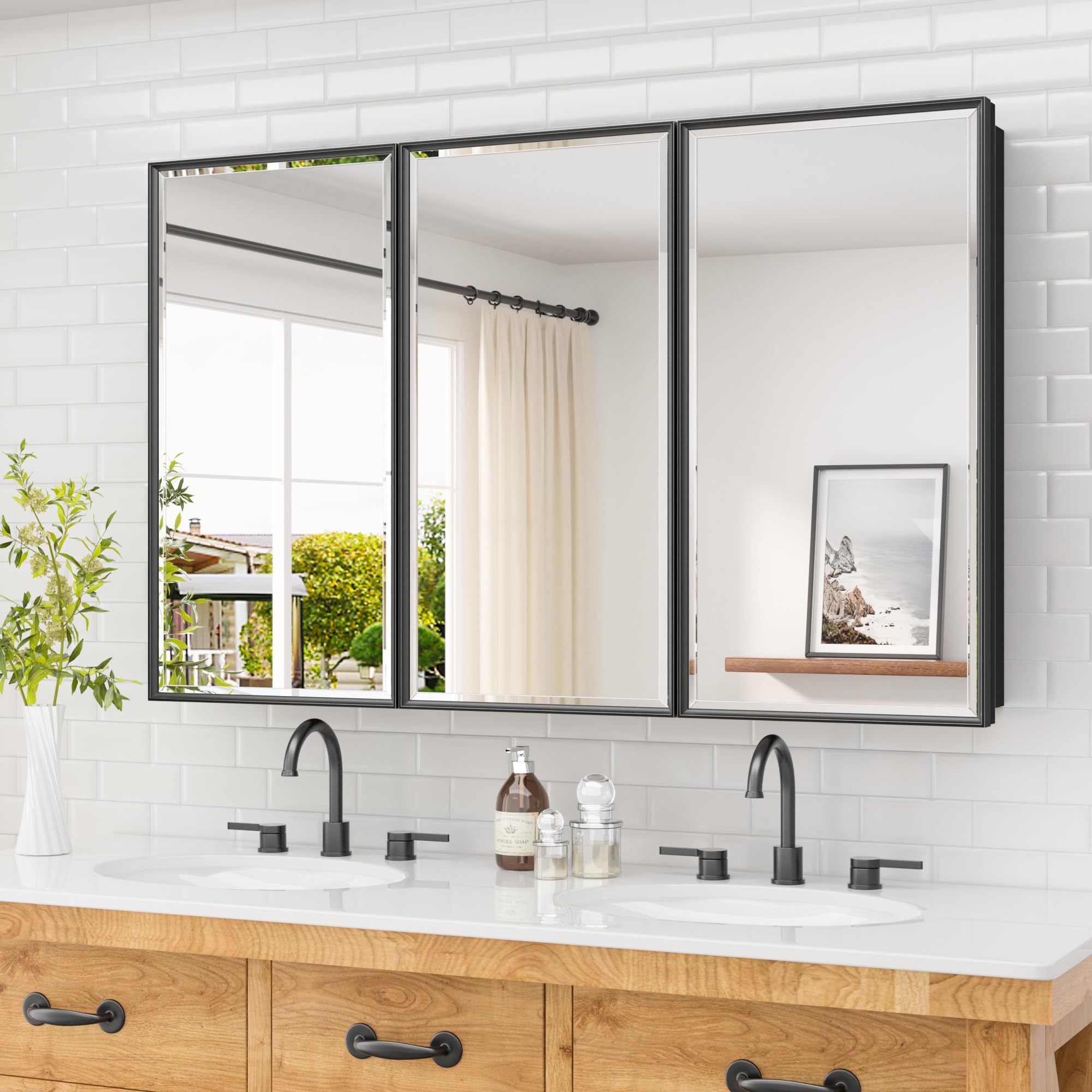 Photo 1 of TETOTE 48" x 30" Medicine Cabinet Black Bathroom Mirror with Storage Beveled Aluminum Frame Stepless Adjustable Shelves, Wall-Mounted or Recessed