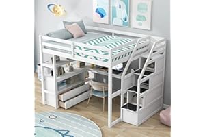 BIADNBZ Wooden Full Size Loft Bed with Stairs Storage, Desk, Shelves and Two Drawers, Sturdy Wood Bedframe High Loftbed witih Staircase, for Kids Teens Adults Bedroom, White