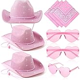 Geyoga 9 Pcs Adult Cowboy Hat with Paisley Bandanas and Heart Shape Sunglasses for Western Cowgirl Party Costume