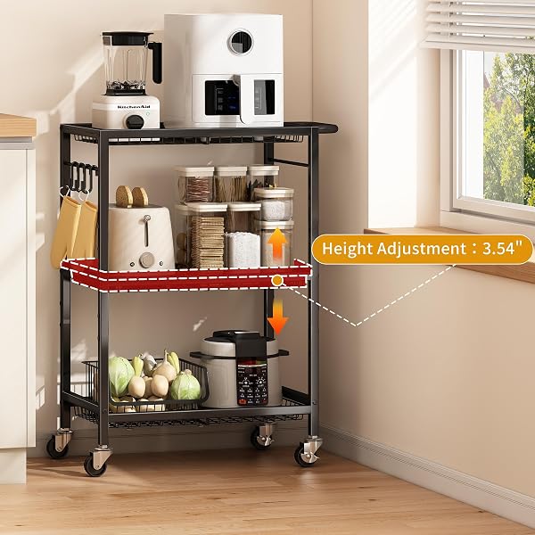 3-TIER ROLLING CART, SPACE-SAVING KITCHEN CART WITH 150LBS CAPACITY, BLACK STORAGE CART WITH 2 LOCKABLE WHEELS FOR KITCHEN ISLAND, RESTAURANT, GARAGE, BACKYARD（NO WOODEN BOARDS, LIGHTWEIGHT VERSION）