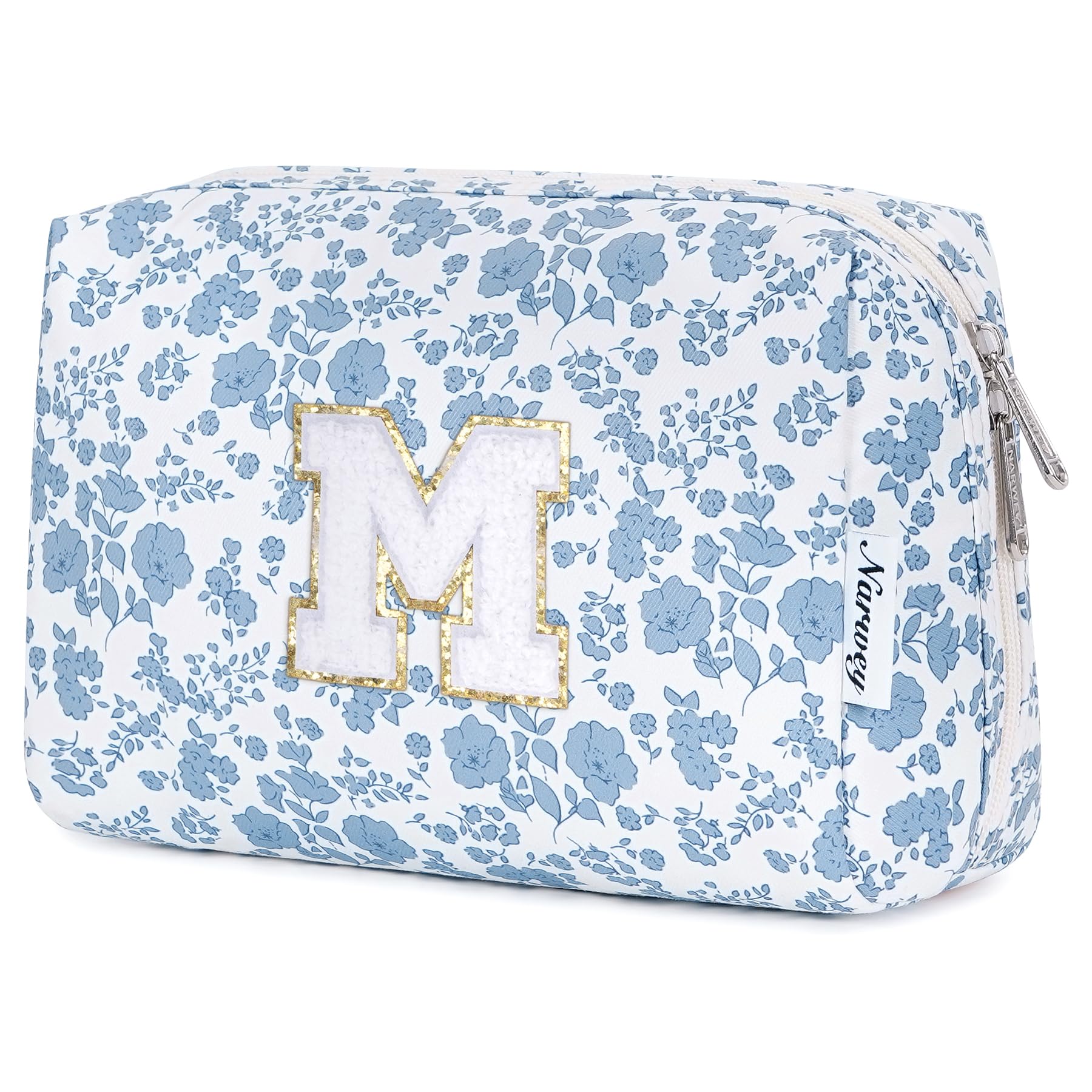 Photo 1 of Narwey Birthday Gifts for Teen Girls Kids Women Personalized Initial Floral Makeup Bag Cute Cosmetic Trendy Stuff 6 8 10 11 12 13 14 16 18 Years Old Travel Toiletry Bag (Little Blue Flower M)