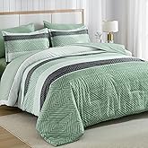 Drucon Sage Green Comforter Set King Size 7 Piece Bed in a Bag Boho Striped Bedding Set Soft Microfiber Comforter and Sheet Set for All Season (King, 104"x90")