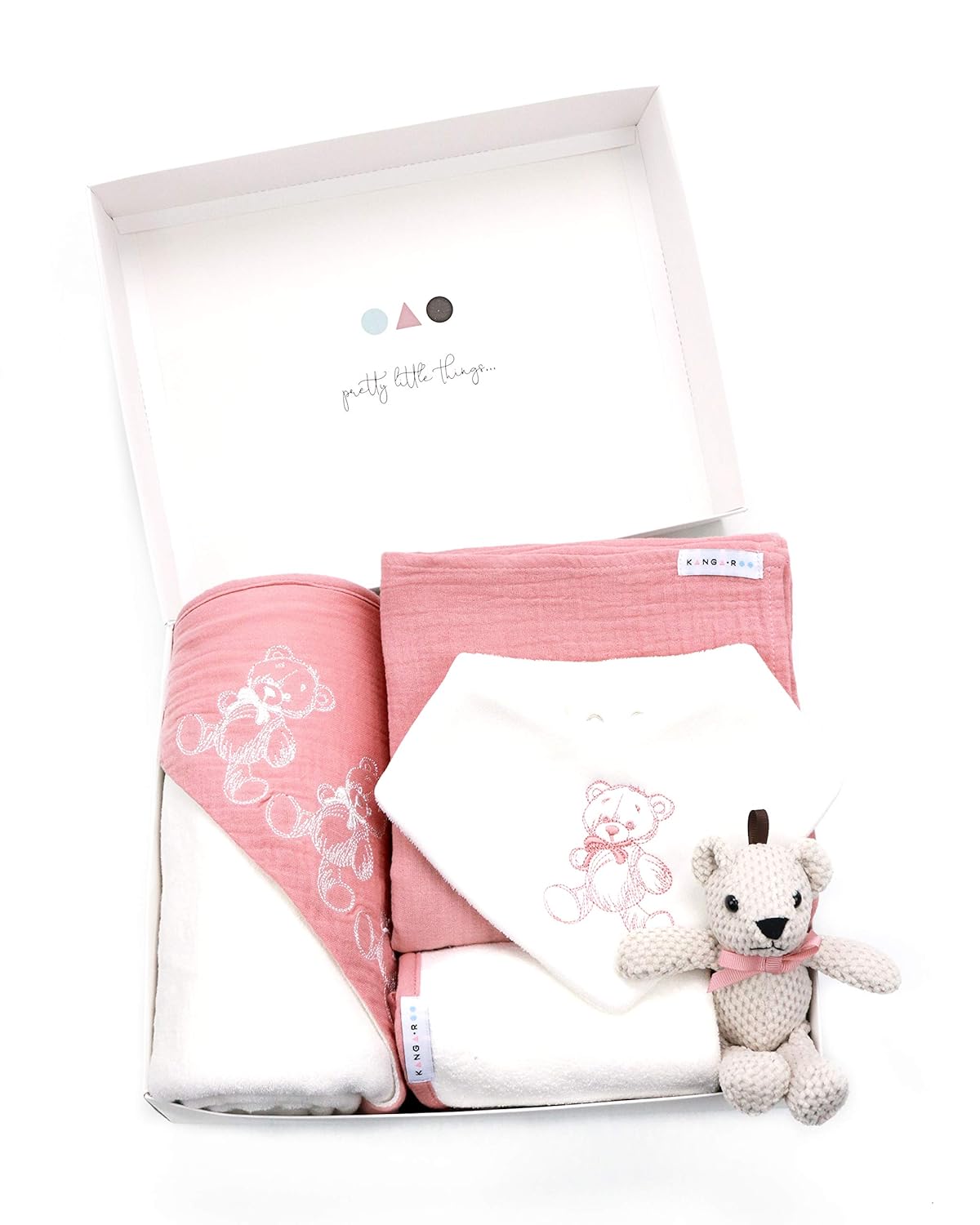 Newborn Baby Gift Basket Set - Shower Gift for Girls. 5 Piece Set. Large Hooded Baby Towel, Washcloth, Cotton Swaddle and Teddy Bear. (Pink) : Baby