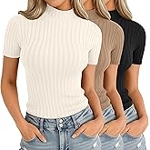 Velvelhall 3 Pack Women Mock Turtleneck Shirts Short Sleeve Ribbed Lightweight Basic Layering Cotton Tops Slim Fit Tunic Tees