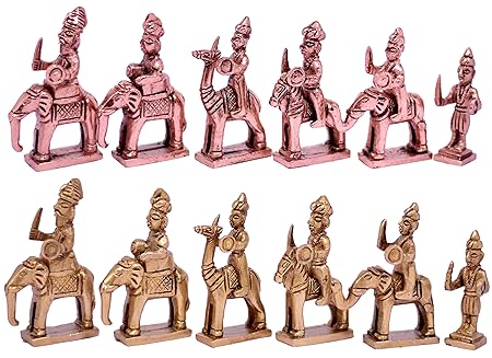 Statue Solution Metal Brass RAJSTHANI (AMBAWADI) Chess Figures, Antique Showpiece Decorative Gift Item (Yellow Antique & Copper Antique)