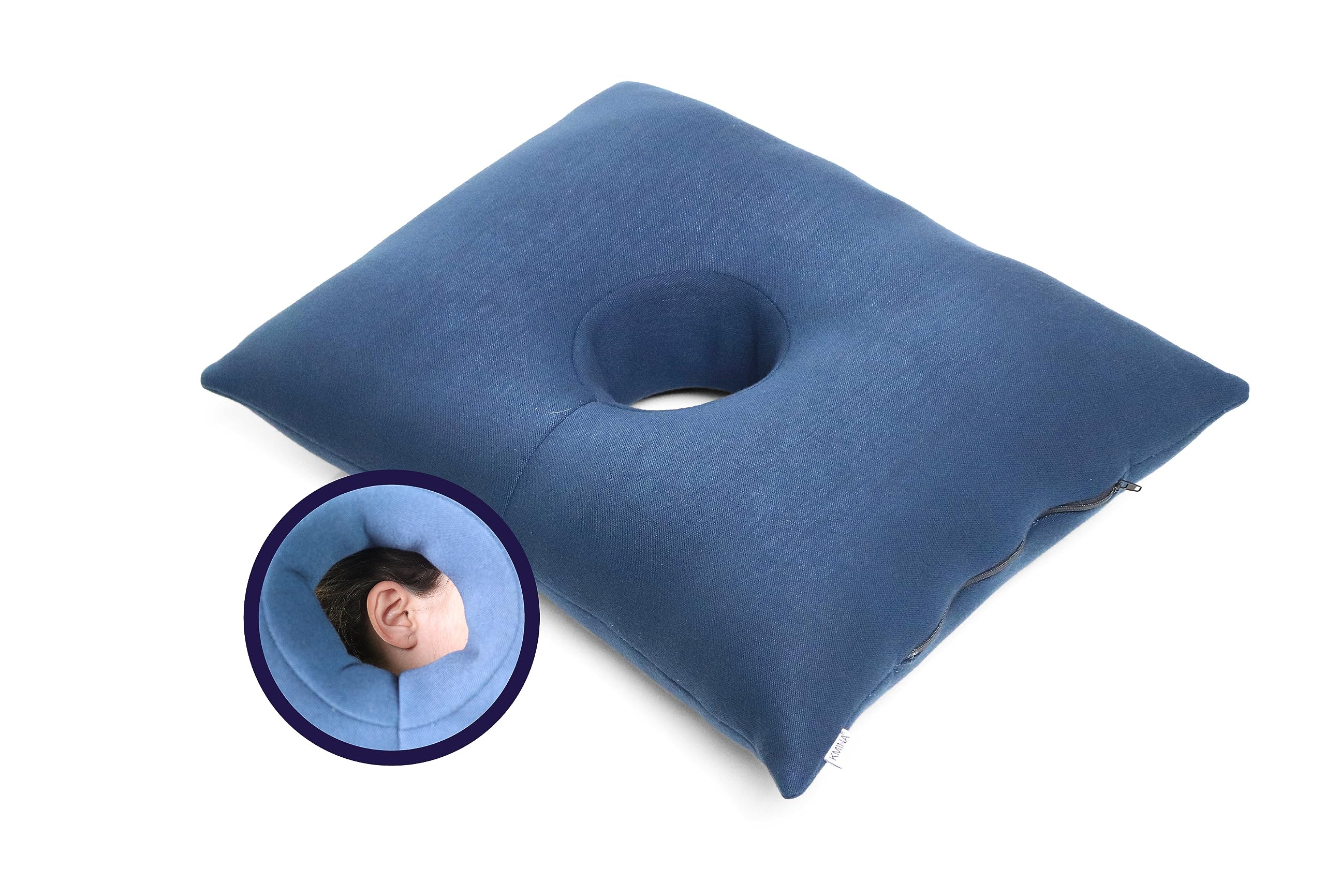 KMINA Donut Ear Piercing Pillow, Removable cover, Adjustable Filling, O-Shaped Pillow with Ear Hole for Side Sleepers, Blue - Made in Europe