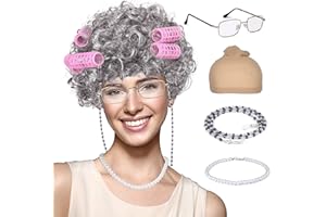 FAYBOX Old Lady Wig Costume for Women,100 Days of School Costume for Kids Girls,Grandma Granny Costume Wig for Halloween Cosplay