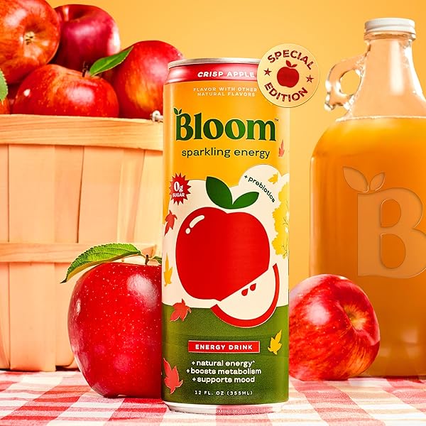 BLOOM NUTRITION SPARKLING ENERGY DRINK – NATURAL CAFFEINE, ZERO SUGAR, 180MG CAFFEINE – ANTIOXIDANT-RICH WITH GREEN COFFEE BEAN, GREEN TEA EXTRACT, PREBIOTICS – CRISP APPLE – 12OZ 12 PACK